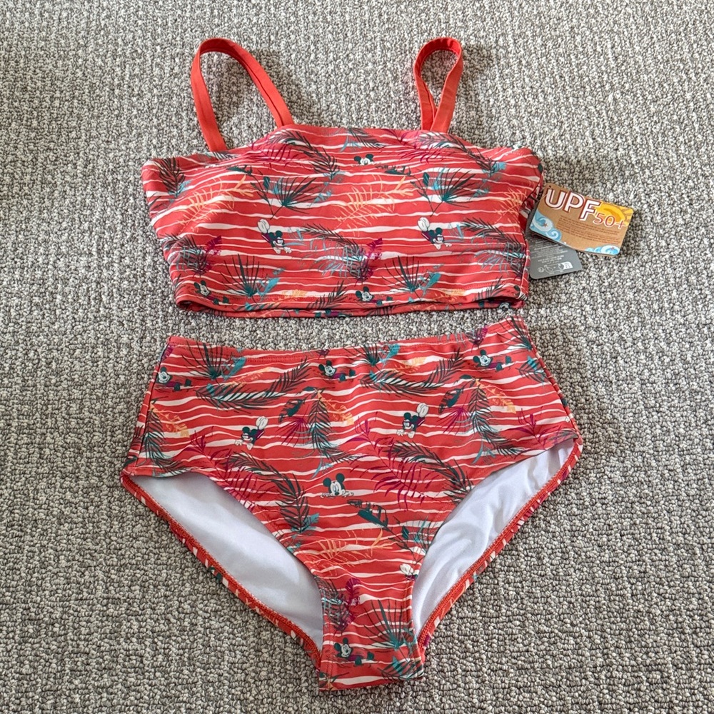 Disney Mickey Swimsuit Swimwear High Waist Tank 2-piece Set Coral Orange Cream M